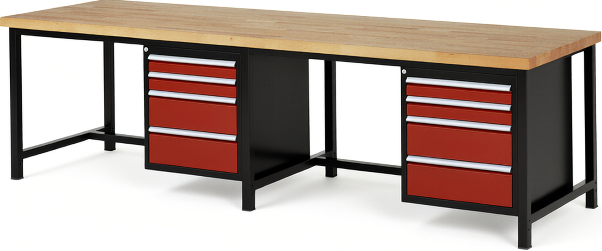 Werkbank Modell 8161 schwarz-rot, BxTxH 3000x900x840 mm,  Buche-Massiv Arbeitsplatte 40 mm,  8 Schubladen mit  Vollauszug 100 % und  SoftClosing