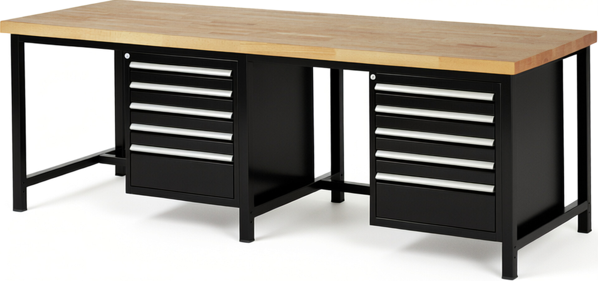 Werkbank Modell 8168 schwarz, BxTxH 2500x900x840-1040 mm,  Buche-Massiv Arbeitsplatte 40 mm,  10 Schubladen mit  Auszug 90 %