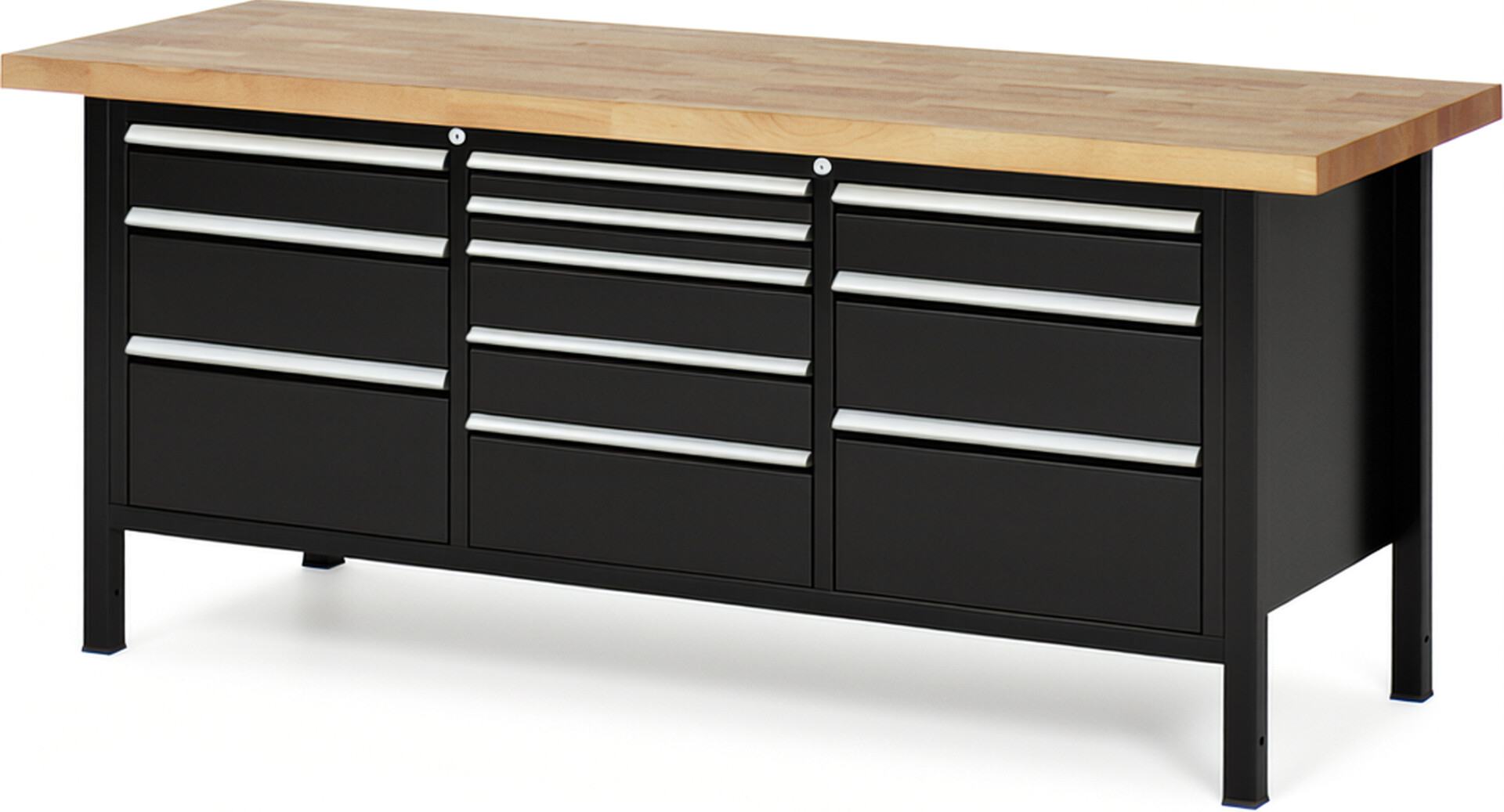 Werkbank Modell 8578 schwarz, BxTxH 2000x700x840 mm,  Buche-Massiv Arbeitsplatte 40 mm,  11 Schubladen mit  Vollauszug 100 % und  SoftClosing