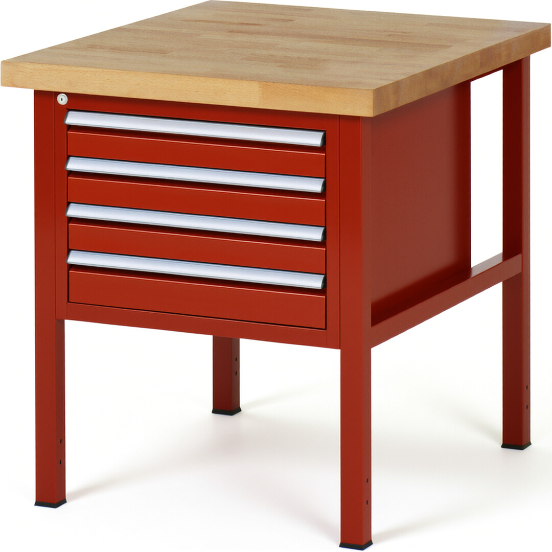 Werkbank Modell 8133 rot, BxTxH 750x900x840 mm,  Buche-Massiv Arbeitsplatte 40 mm,  4 Schubladen mit  Auszug 90 %