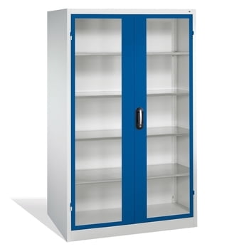 C+P Großraum Werkzeugschrank, Materiallager, Stahlschrank, Sichtfenstertüren, 4 Fachböden, Farbe lichtgrau/enzianblau, 1.950 x 1.200 x 500 (HxBxT)