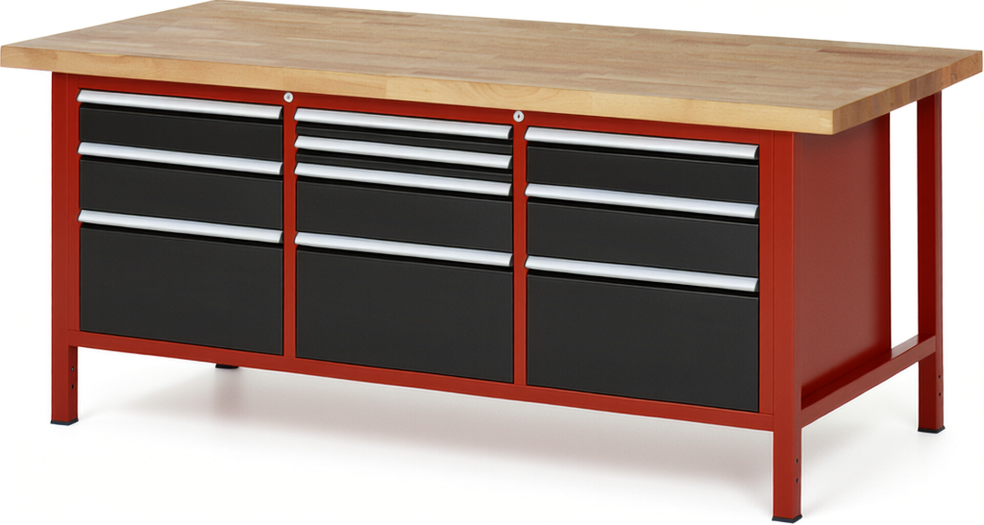 Werkbank Modell 8576 rot - schwarz, BxTxH 2000x900x840 mm,  Buche-Massiv Arbeitsplatte 40 mm,  10 Schubladen mit  Auszug 90 %