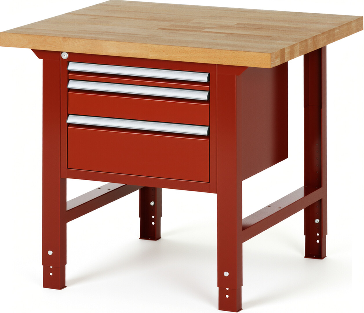 Werkbank Modell 7126 rot, BxTxH 1000x900x790-1140 mm,  Buche-Massiv Arbeitsplatte 40 mm,  3 Schubladen mit  Auszug 90 %