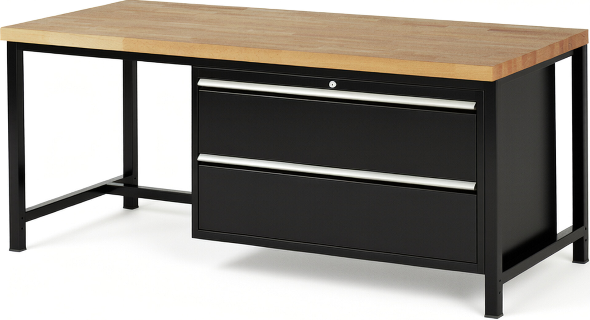 Werkbank Modell 8355 schwarz, BxTxH 2000x900x840 mm,  Buche-Massiv Arbeitsplatte 40 mm,  2 Schubladen mit  Vollauszug 100 % und  SoftClosing