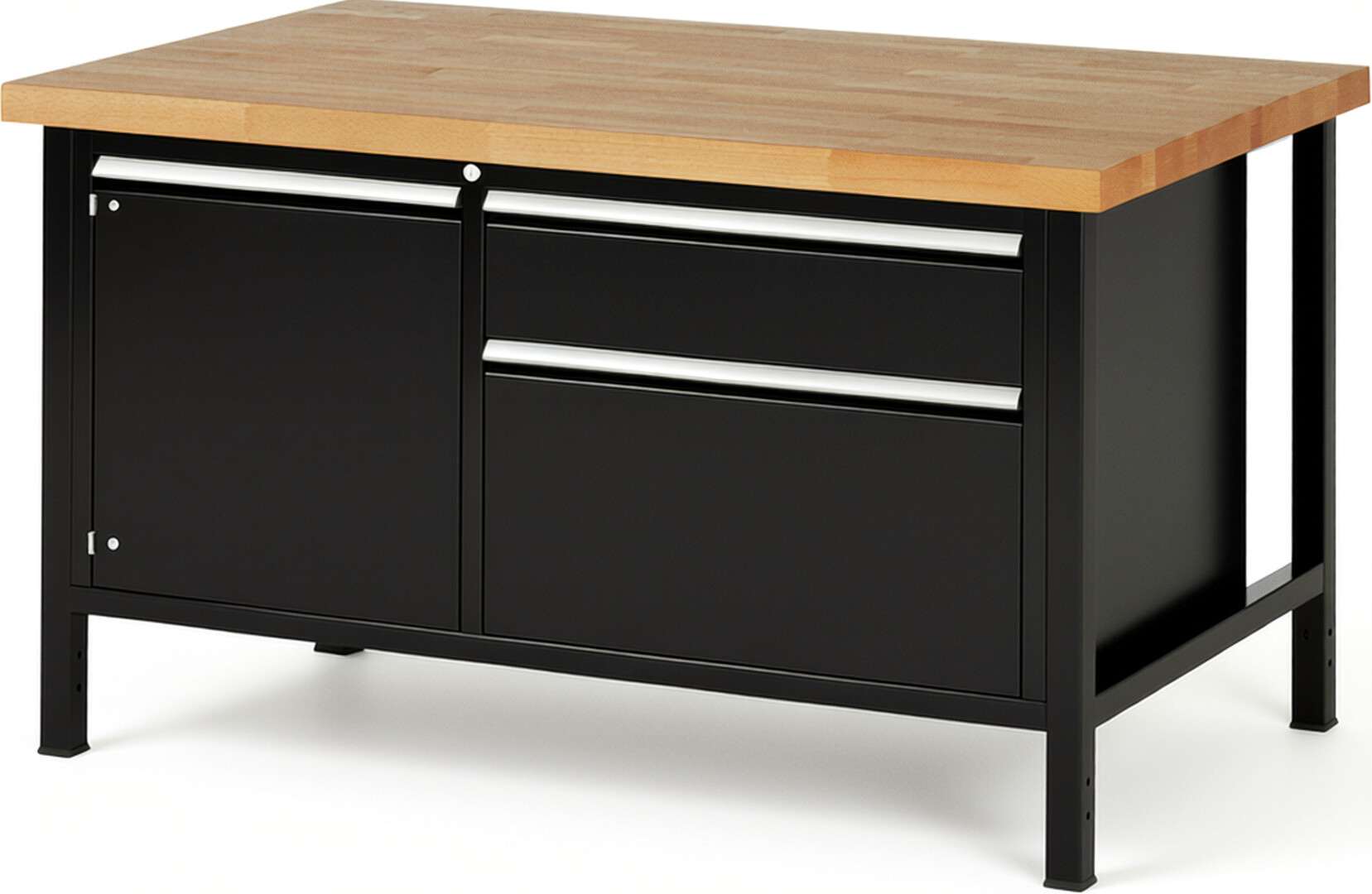 Werkbank Modell 8651 schwarz, BxTxH 1500x900x840 mm,  Buche-Massiv Arbeitsplatte 40 mm,  2 Schubladen mit  Auszug 90 %