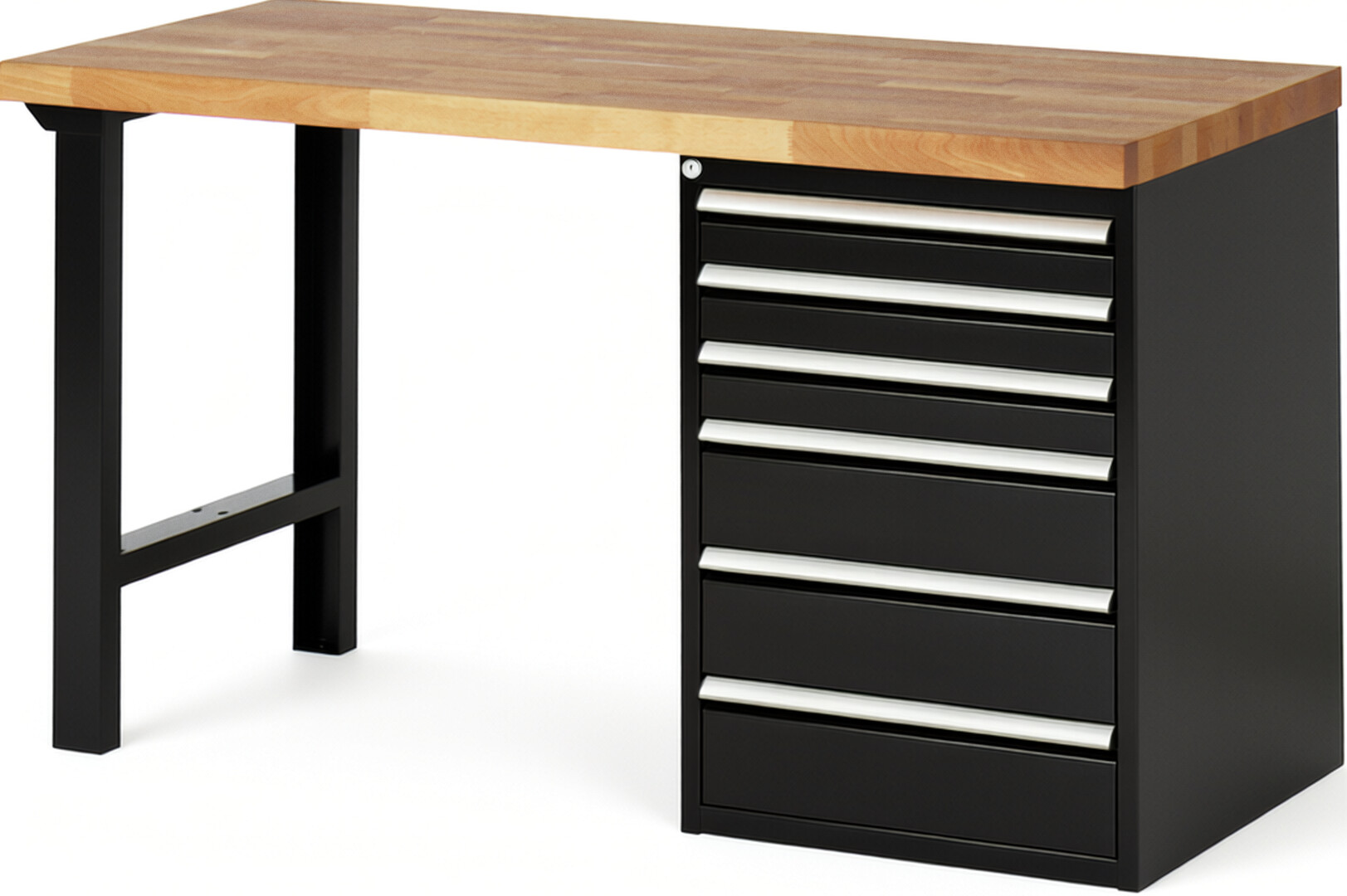 Werkbank Modell 7515 schwarz, BxTxH 1500x700x890 mm,  Buche-Massiv Arbeitsplatte 40 mm,  6 Schubladen mit  Auszug 90 %