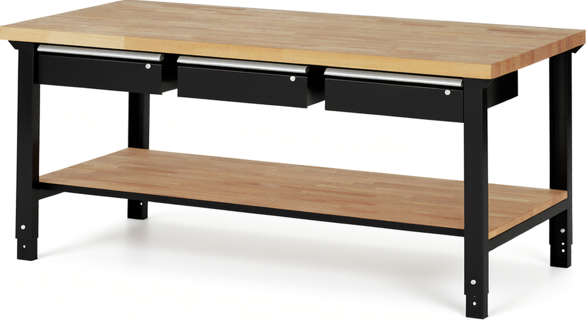Werkbank Modell 7003 schwarz, BxTxH 2000x900x790-1140 mm,  Buche-Massiv Arbeitsplatte 40 mm,  3 Schubladen mit  Auszug 90 %