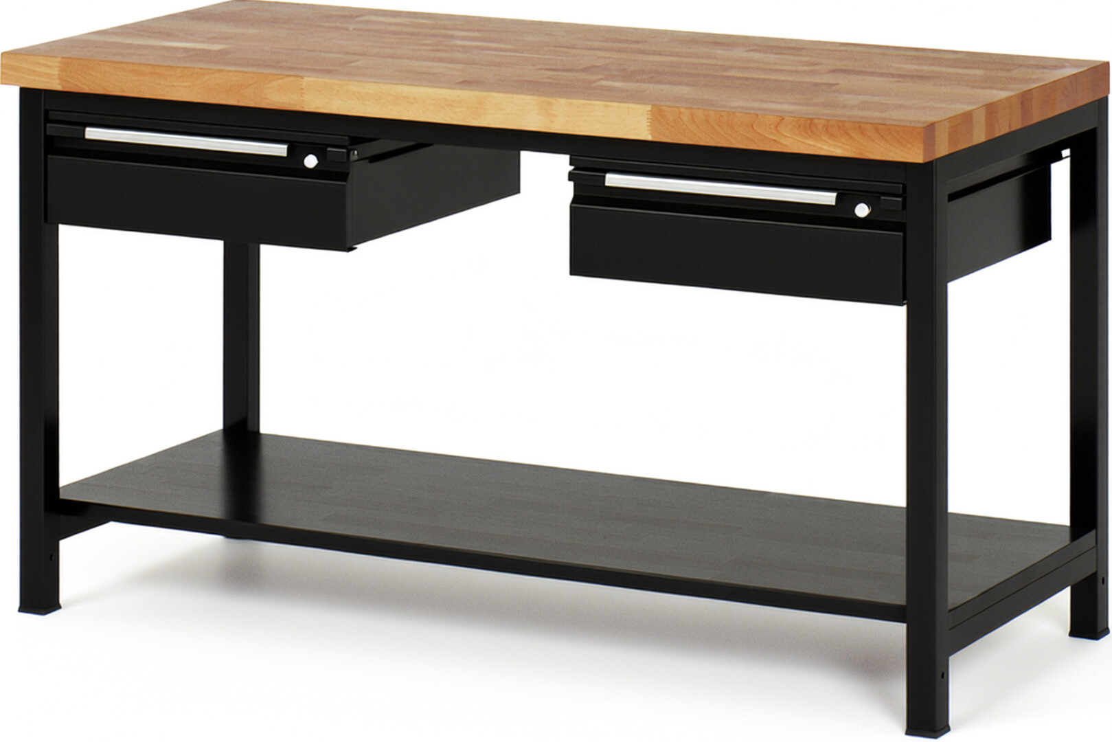 Werkbank - Modell 8002 BASIC schwarz, BxTxH 1500x700x840-1040 mm,  Buche-Massiv Arbeitsplatte 40 mm,  2 Schubladen mit  Auszug 90 %
