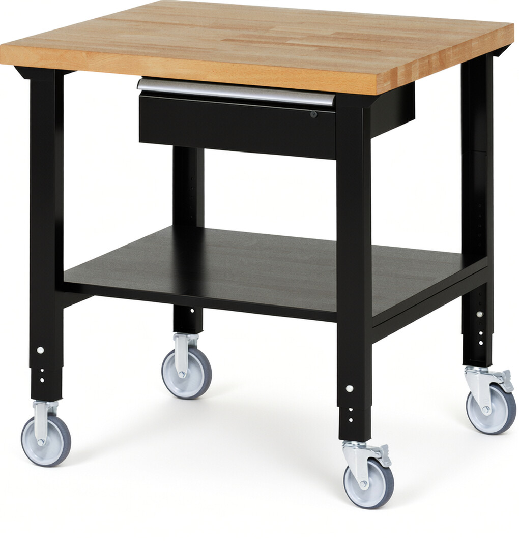 Fahrbare Werkbank Modell 7001 schwarz, BxTxH 1000x900x950-1000 mm,  Buche-Massiv Arbeitsplatte 40 mm,  1 Schublade mit  Auszug 90 %