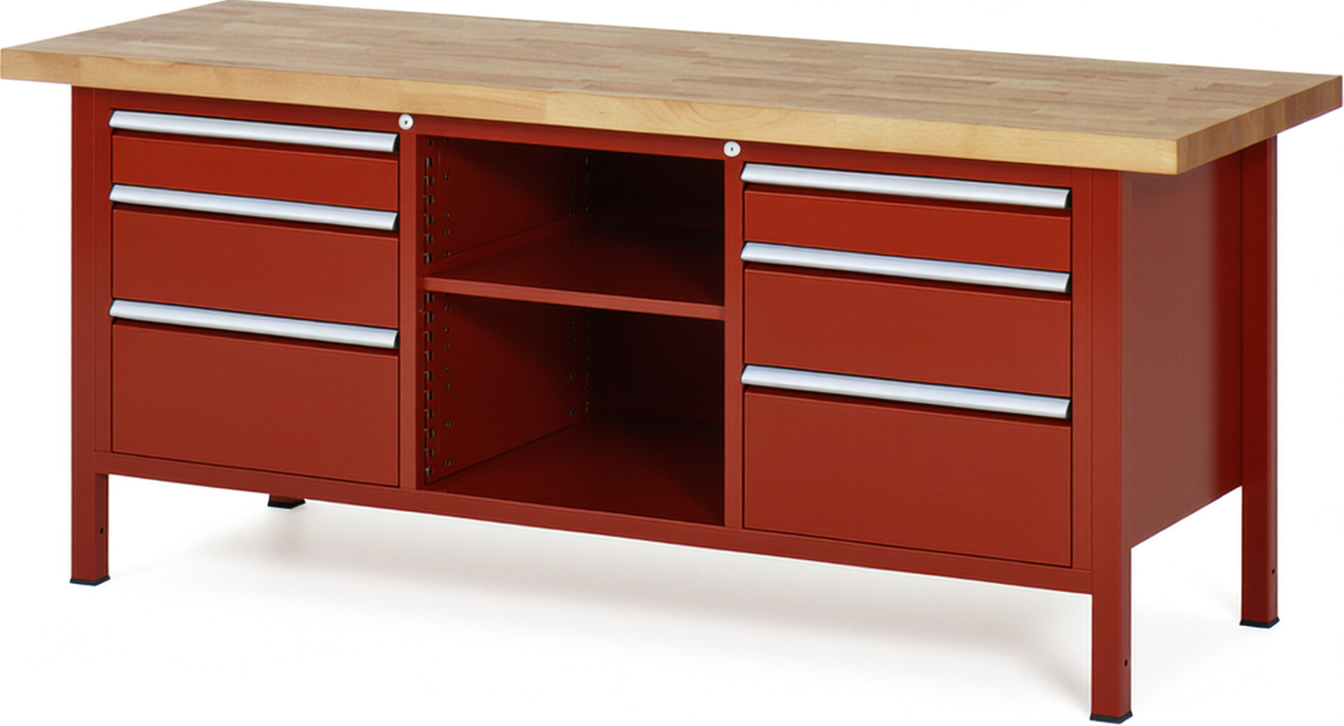 Werkbank Modell 8564 rot, BxTxH 2000x700x840-1040 mm,  Buche-Massiv Arbeitsplatte 40 mm,  6 Schubladen mit  Auszug 90 %