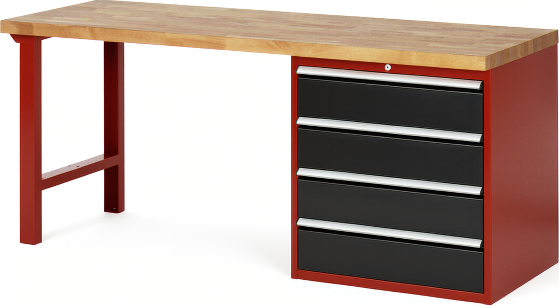 Werkbank Modell 7609 rot - schwarz, BxTxH 2000x700x890 mm,  Buche-Massiv Arbeitsplatte 40 mm,  4 Schubladen mit  Vollauszug 100 % und  SoftClosing