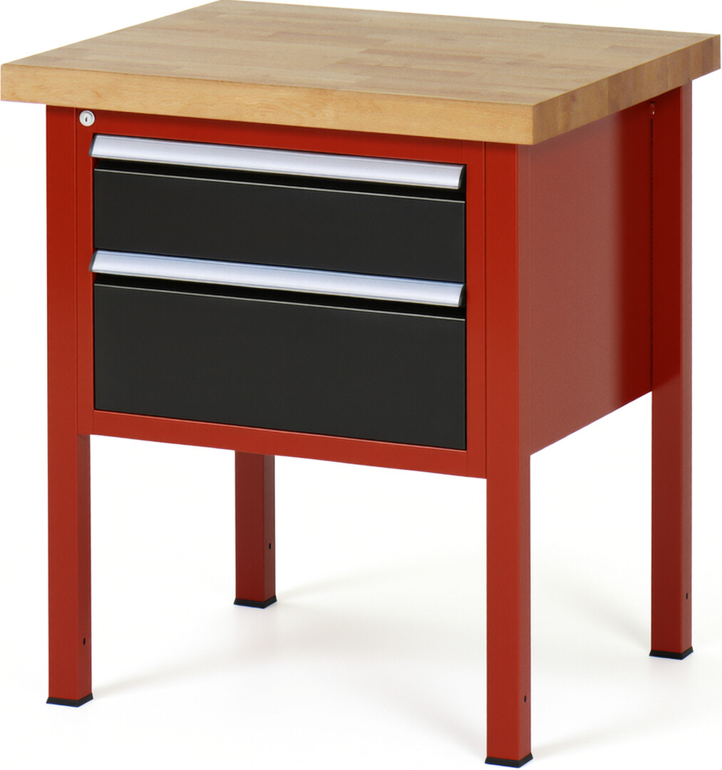 Werkbank Modell 8123 rot - schwarz, BxTxH 750x700x840-1040 mm,  Buche-Massiv Arbeitsplatte 40 mm,  2 Schubladen mit  Auszug 90 %