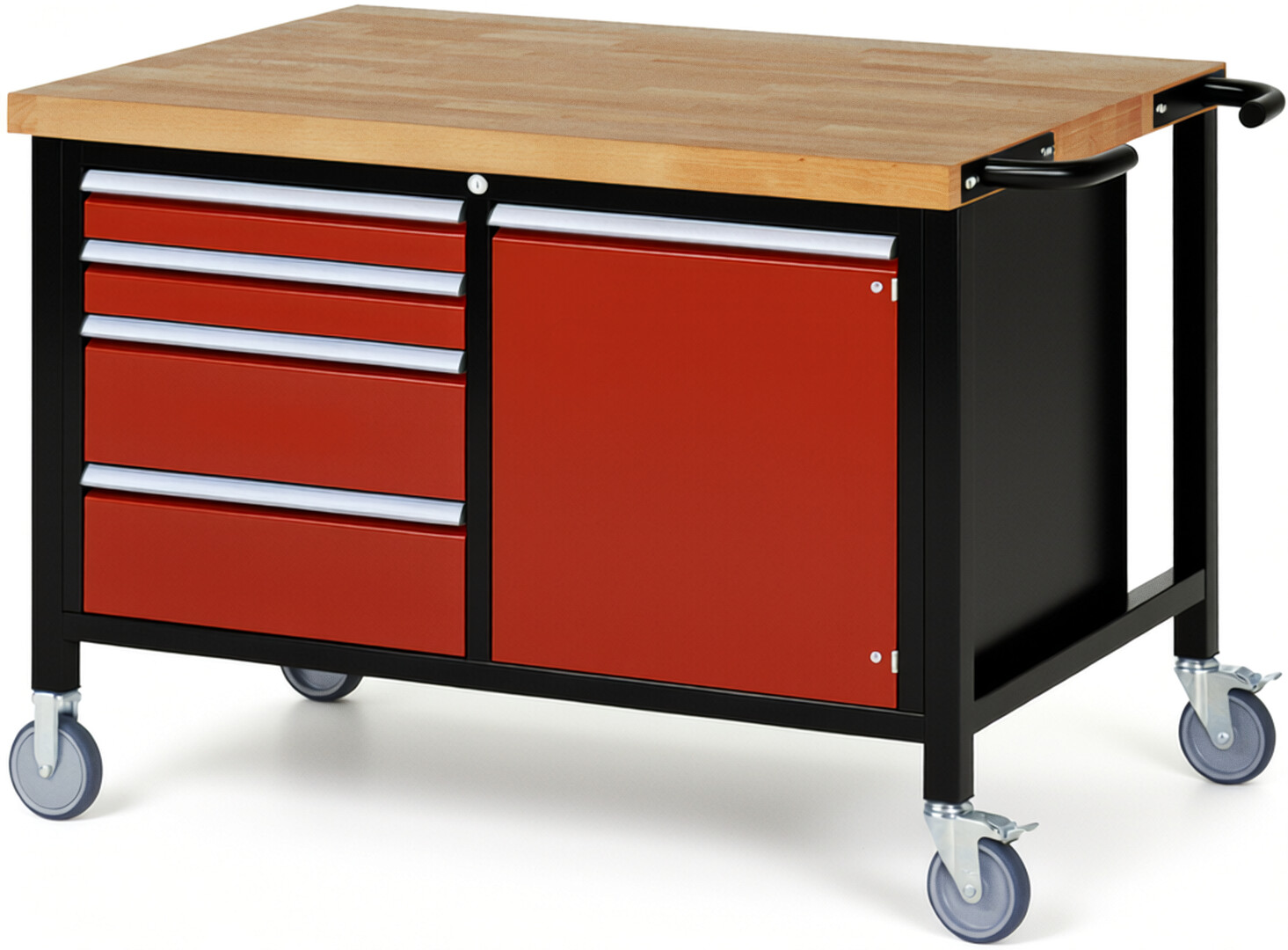 RAU Werkbank schwarz - rot - Breite 125 cm - Tiefe 90 cm - Höhe 108 cm - Buche-Massiv Arbeitsplatte 40 mm