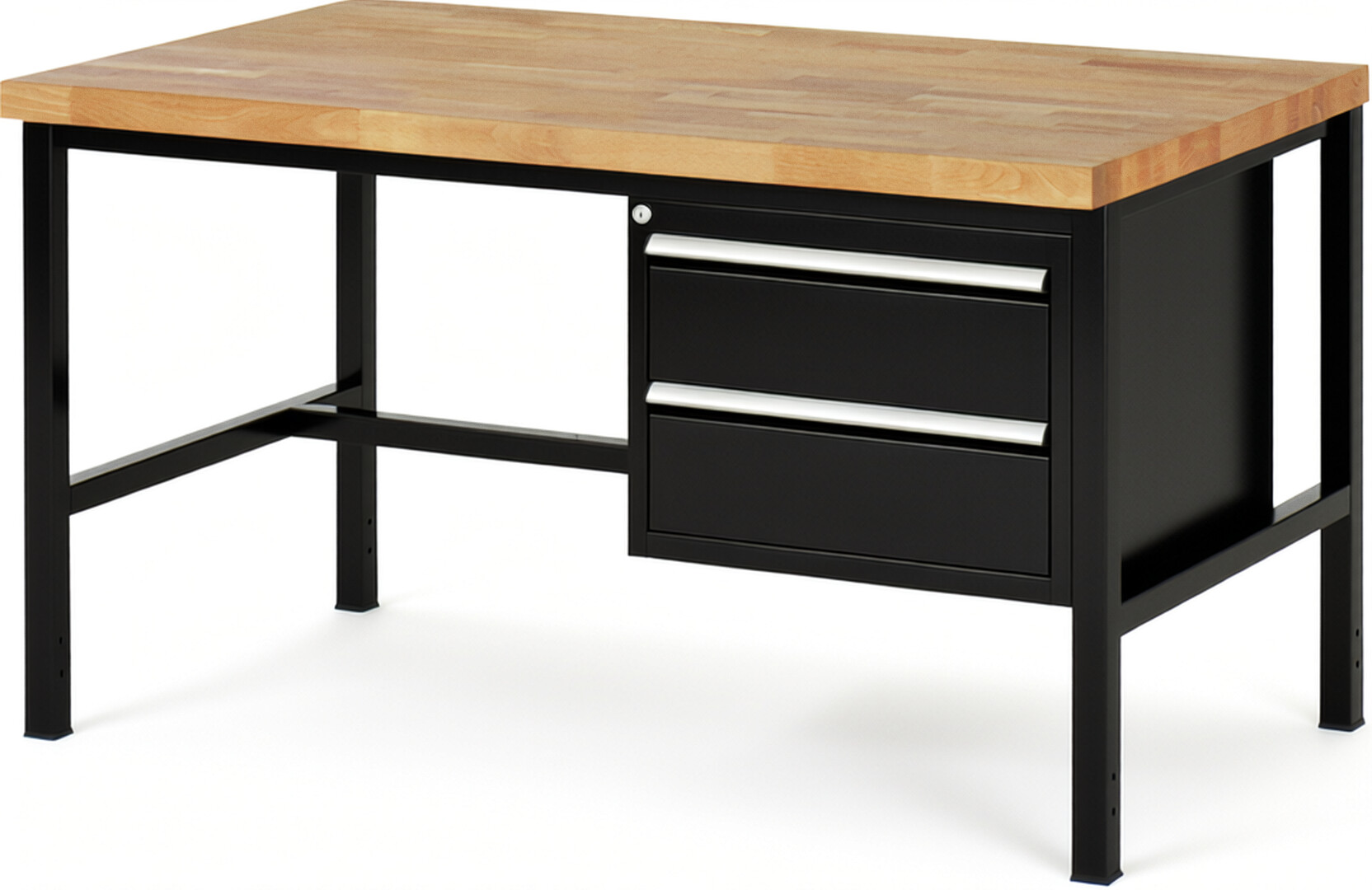 Werkbank Modell 8125 schwarz, BxTxH 1500x900x840 mm,  Buche-Massiv Arbeitsplatte 40 mm,  2 Schubladen mit  Auszug 90 %