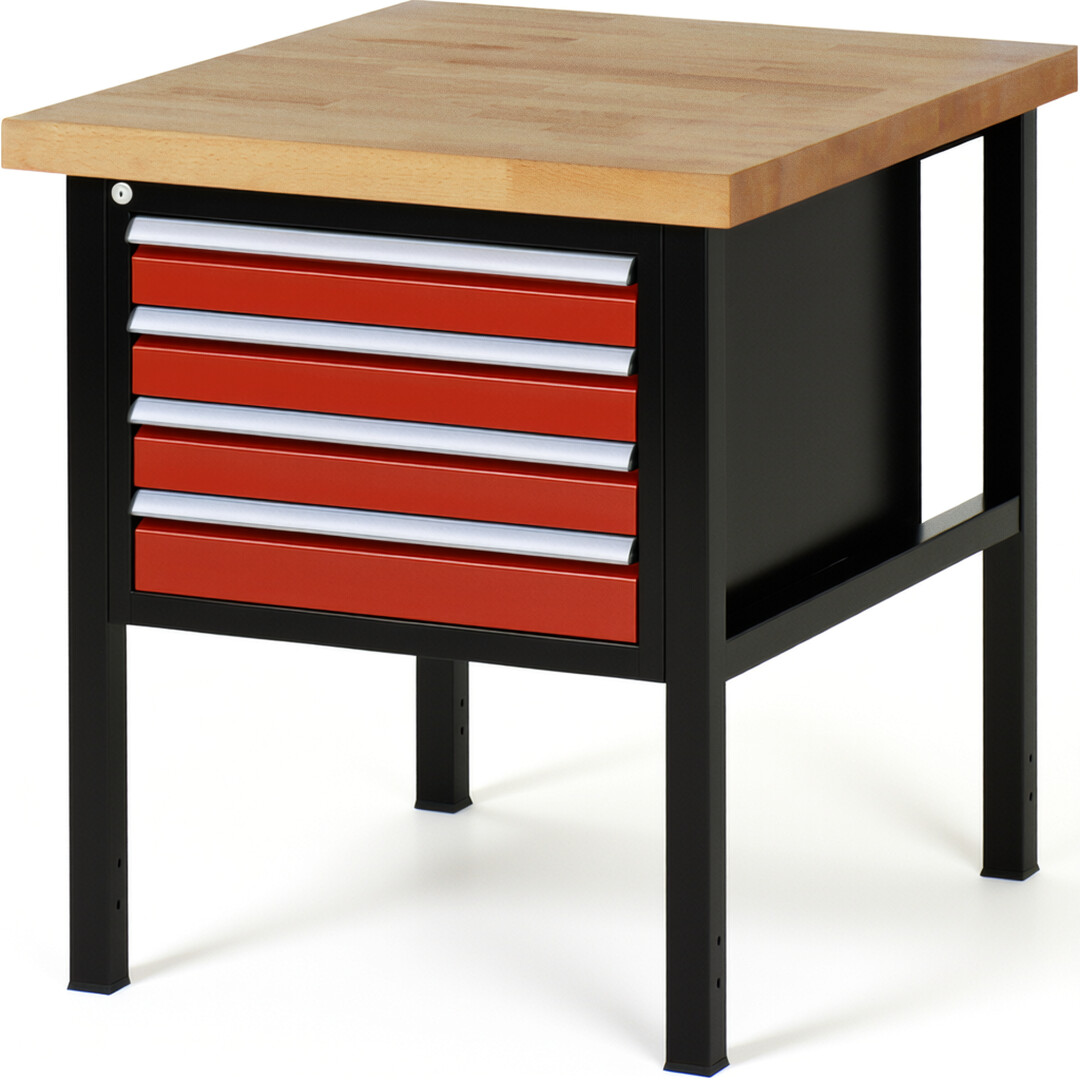 RAU Werkbank schwarz - rot - Breite 75 cm - Tiefe 90 cm - Höhe 104 cm - Buche-Massiv Arbeitsplatte 40 mm