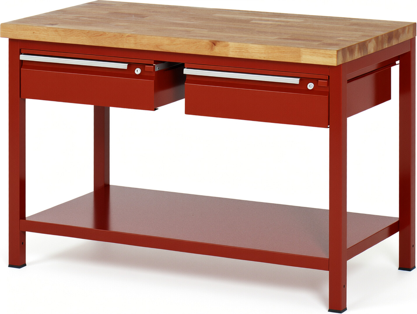 Werkbank - Modell 8002 BASIC rot, BxTxH 1250x700x840-1040 mm,  Buche-Massiv Arbeitsplatte 40 mm,  2 Schubladen mit  Auszug 90 %