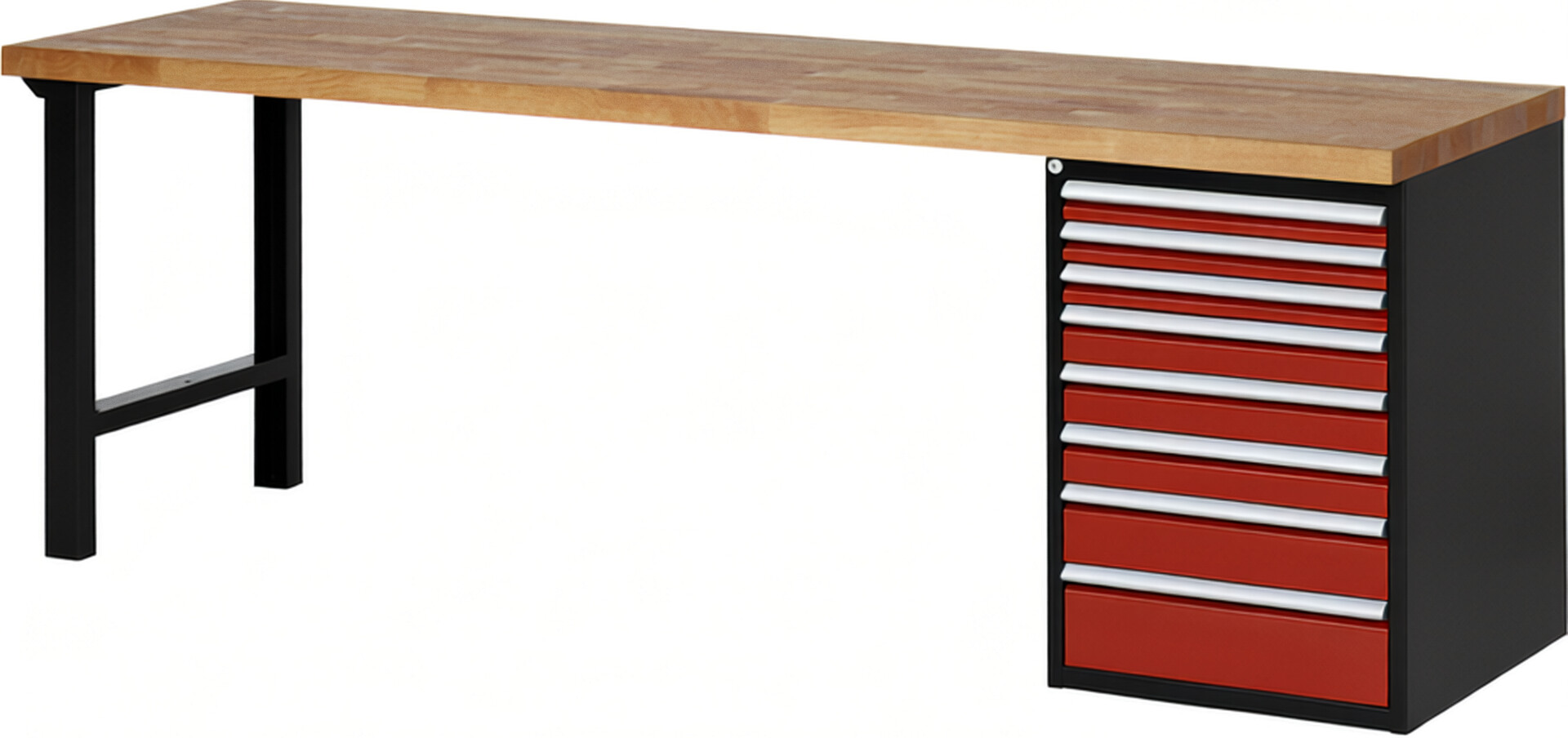 RAU Werkbank schwarz - rot - Breite 250 cm - Tiefe 70 cm - Höhe 89 cm - Buche-Massiv Arbeitsplatte 40 mm
