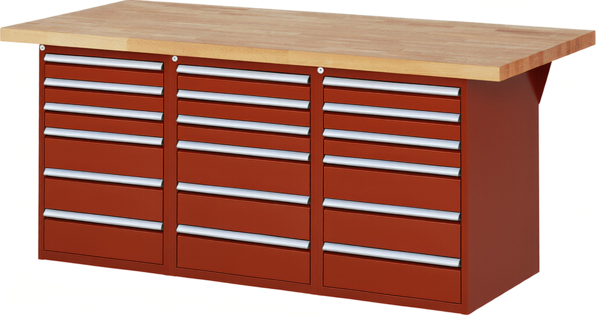 Werkbank Modell 7515 rot, BxTxH 2000x900x890 mm,  Buche-Massiv Arbeitsplatte 40 mm,  18 Schubladen mit  Vollauszug 100 % und  SoftClosing