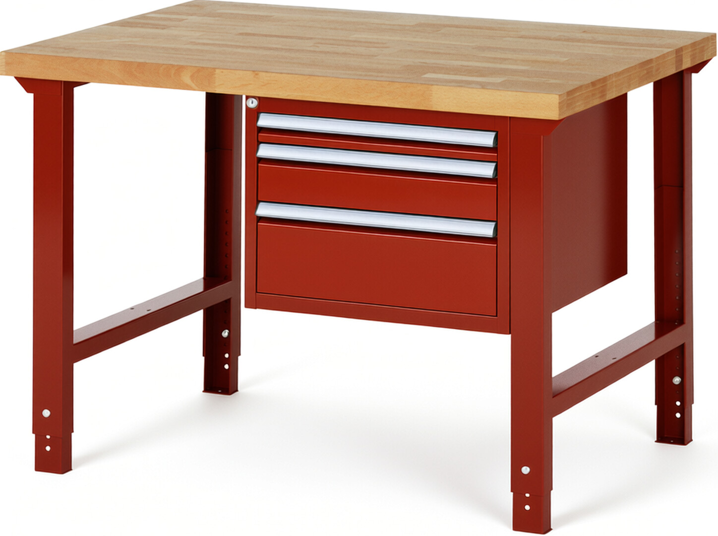 Werkbank Modell 7126 rot, BxTxH 1250x900x790-1140 mm,  Buche-Massiv Arbeitsplatte 40 mm,  3 Schubladen mit  Auszug 90 %