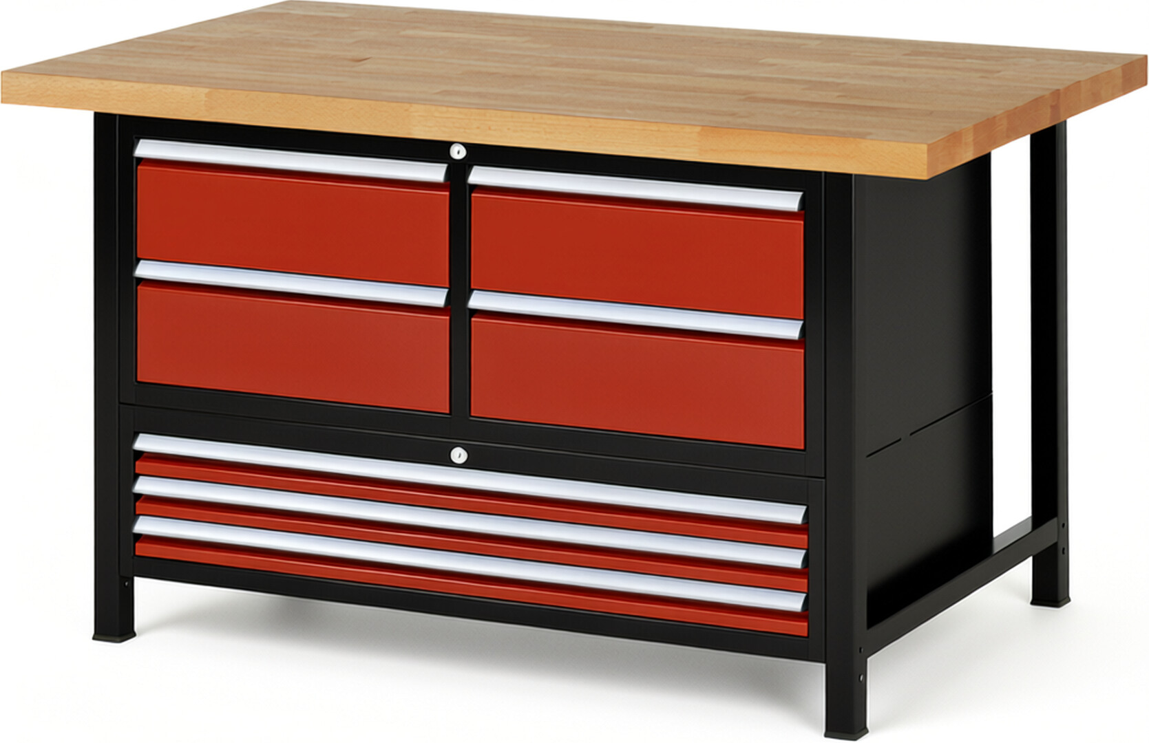 RAU Werkbank schwarz - rot - Breite 150 cm - Tiefe 90 cm - Höhe 104 cm - Buche-Massiv Arbeitsplatte 40 mm