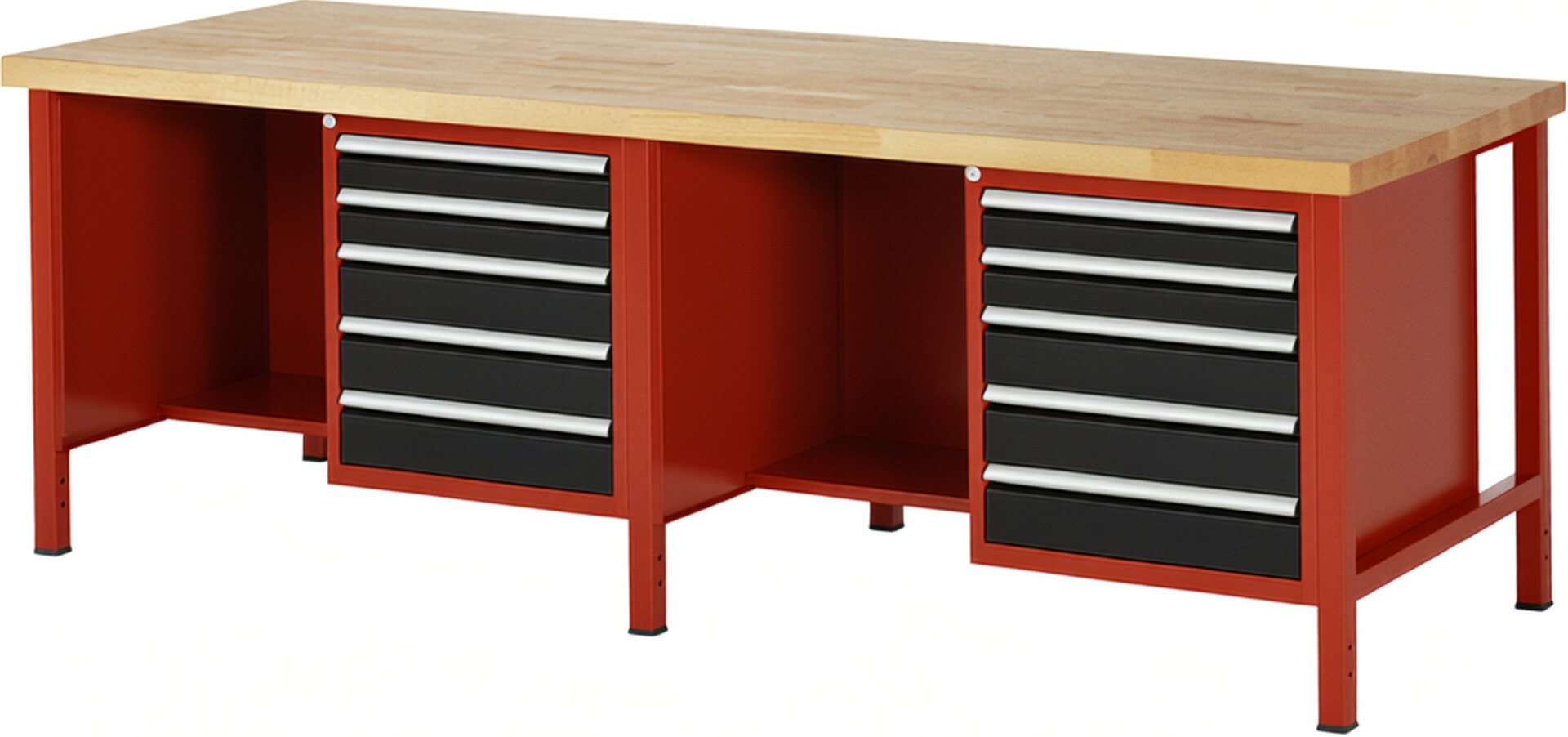 RAU Werkbank rot - schwarz - Breite 250 cm - Tiefe 90 cm - Höhe 84 cm - Buche-Massiv Arbeitsplatte 40 mm