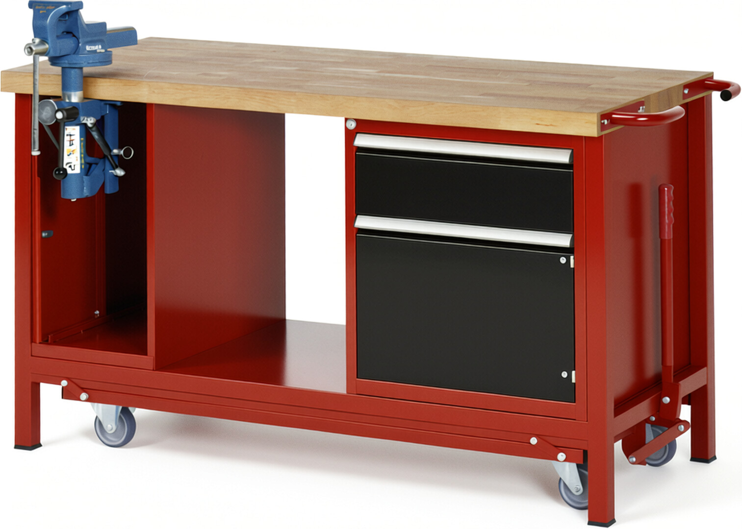 Absenkbare Werkbank Modell 8181 rot - schwarz, BxTxH 1500x700x880 mm,  Buche-Massiv Arbeitsplatte 40 mm,  1 Schublade mit  Vollauszug 100 % und  SoftClosing