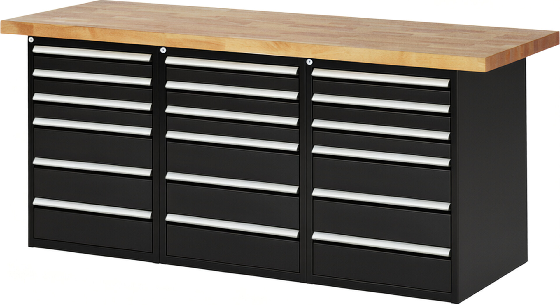 Werkbank Modell 7515 schwarz, BxTxH 2000x700x890 mm,  Buche-Massiv Arbeitsplatte 40 mm,  18 Schubladen mit  Auszug 90 %