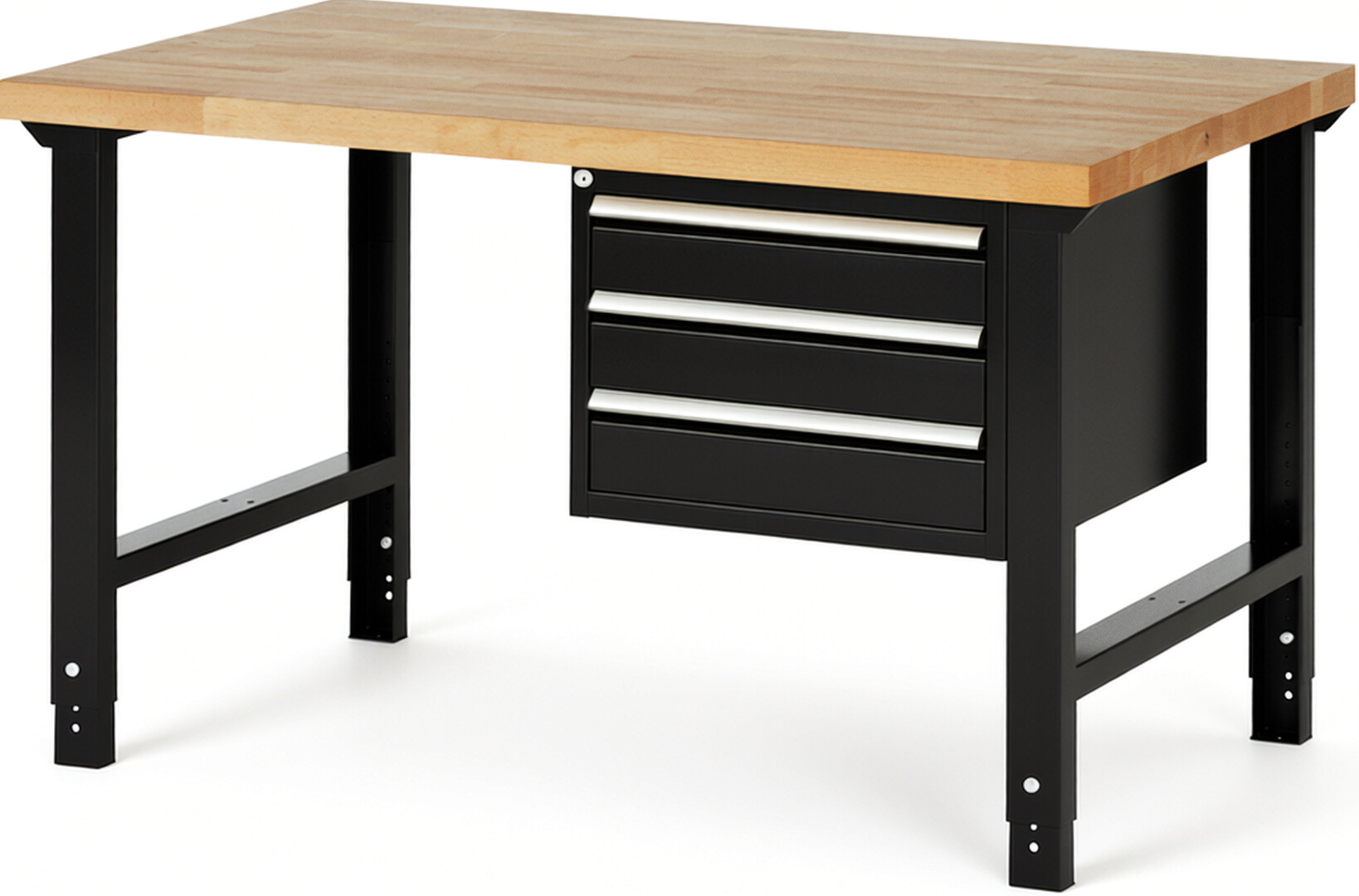 Werkbank Modell 7127 schwarz, BxTxH 1500x900x790-1140 mm,  Buche-Massiv Arbeitsplatte 40 mm,  3 Schubladen mit  Vollauszug 100 % und  SoftClosing