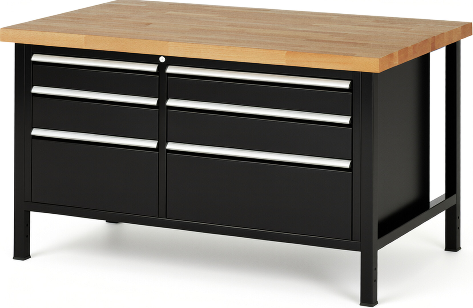 Werkbank Modell 8652 schwarz, BxTxH 1500x900x840-1040 mm,  Buche-Massiv Arbeitsplatte 40 mm,  6 Schubladen mit  Auszug 90 %