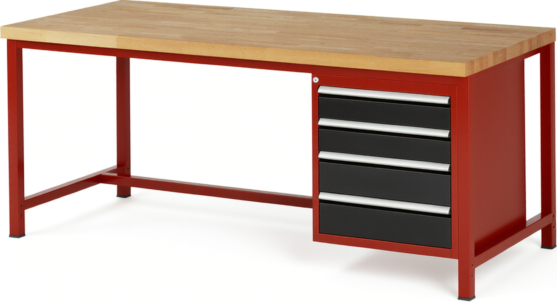 Werkbank Modell 8162 rot - schwarz, BxTxH 2000x900x840-1040 mm,  Buche-Massiv Arbeitsplatte 40 mm,  4 Schubladen mit  Auszug 90 %