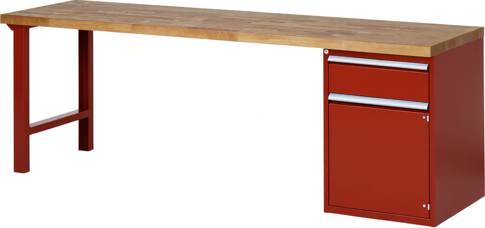 Werkbank Modell 7502 rot, BxTxH 2500x700x890 mm,  Buche-Massiv Arbeitsplatte 40 mm,  1 Schublade mit  Auszug 90 %
