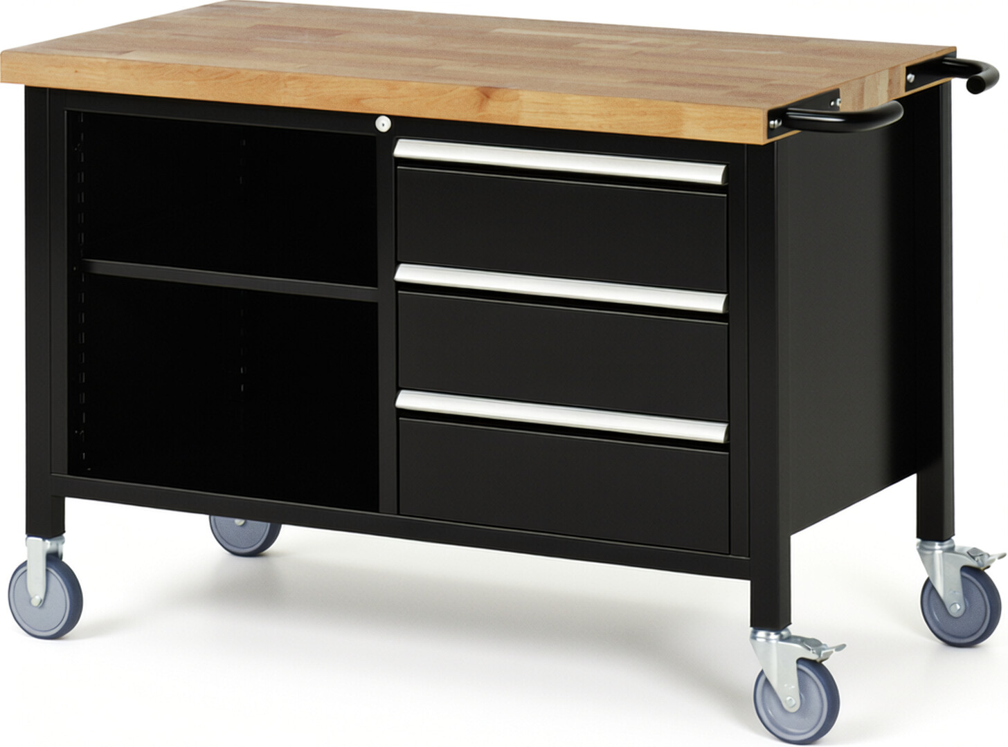 Fahrbare Werkbank Modell 8462 schwarz, BxTxH 1250x700x880 mm,  Buche-Massiv Arbeitsplatte 40 mm,  3 Schubladen mit  Vollauszug 100 % und  SoftClosing