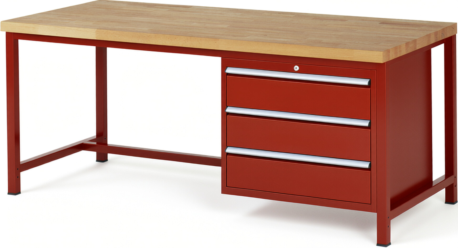 Werkbank Modell 8257 rot, BxTxH 2000x900x840-1040 mm,  Buche-Massiv Arbeitsplatte 40 mm,  3 Schubladen mit  Vollauszug 100 % und  SoftClosing