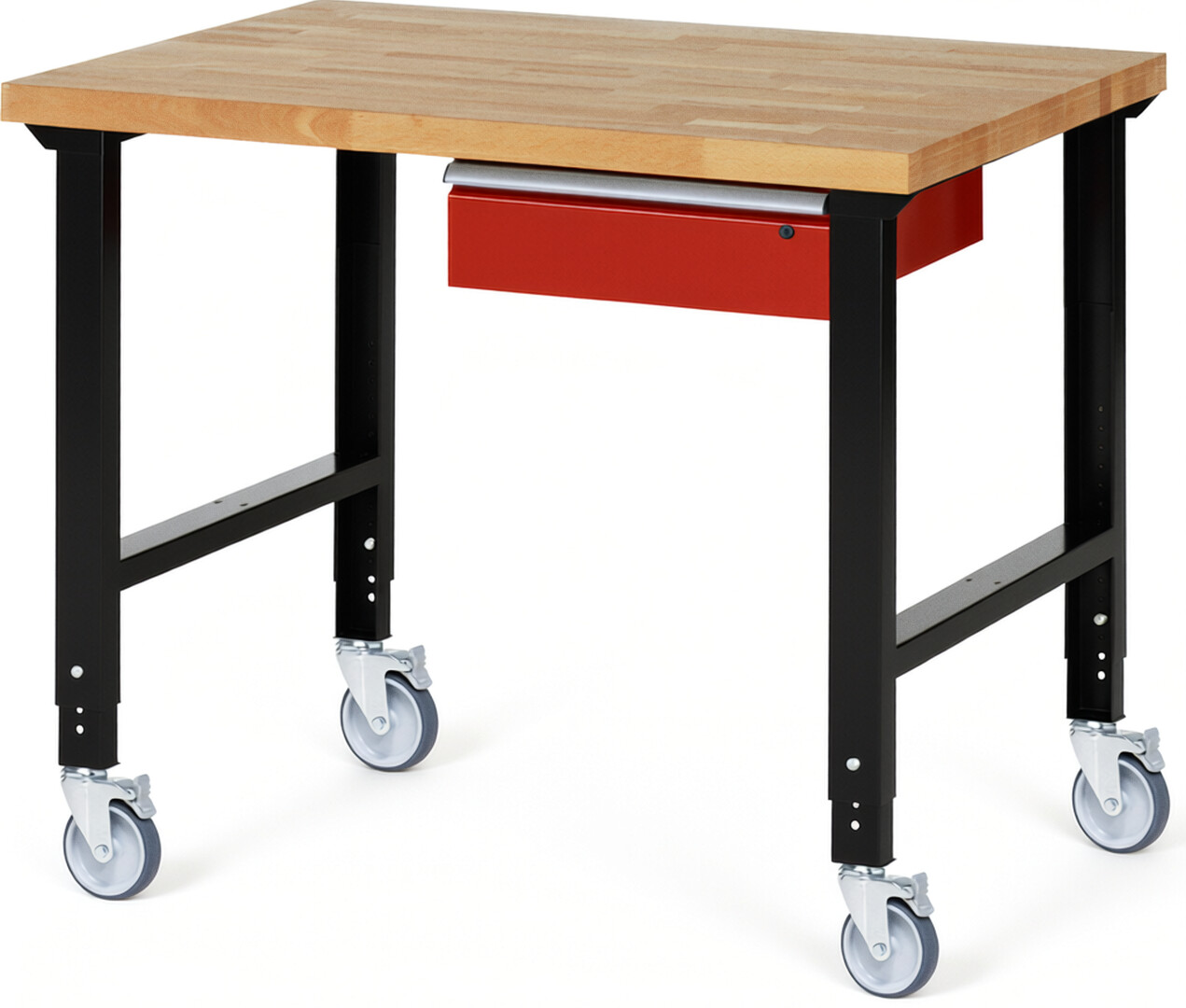 RAU Werkbank schwarz - rot - Breite 125 cm - Tiefe 90 cm - Höhe 100 cm - Buche-Massiv Arbeitsplatte 40 mm