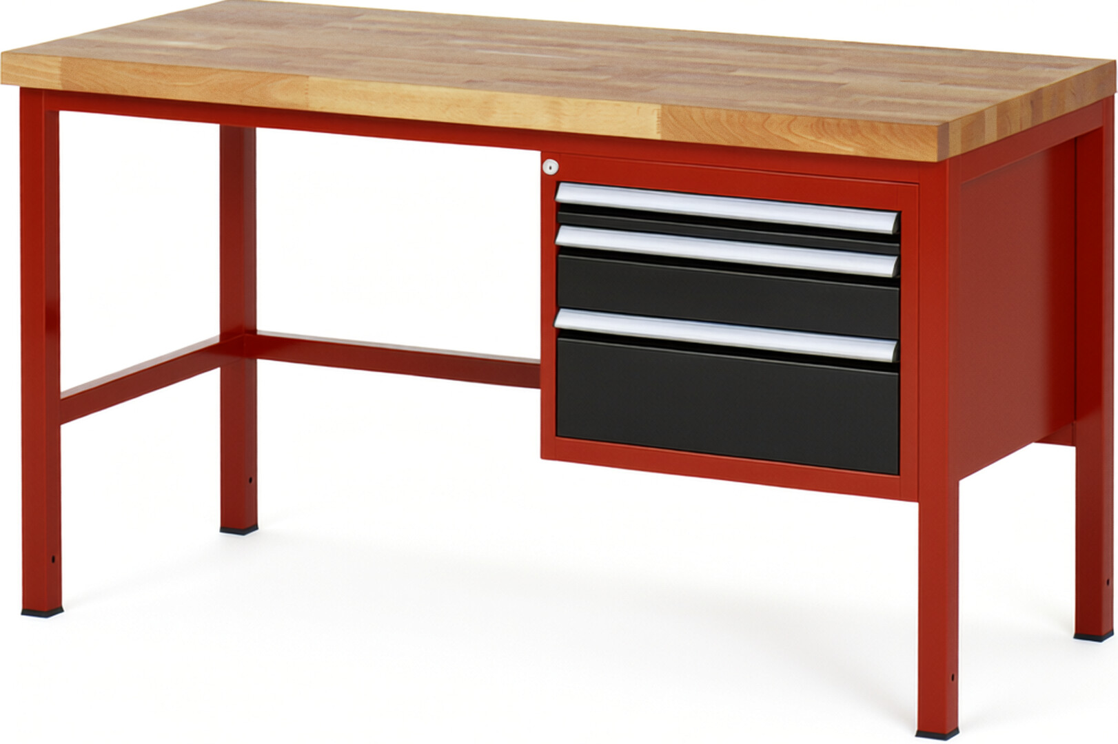 Werkbank Modell 8126 rot - schwarz, BxTxH 1500x700x840 mm,  Buche-Massiv Arbeitsplatte 40 mm,  3 Schubladen mit  Vollauszug 100 % und  SoftClosing