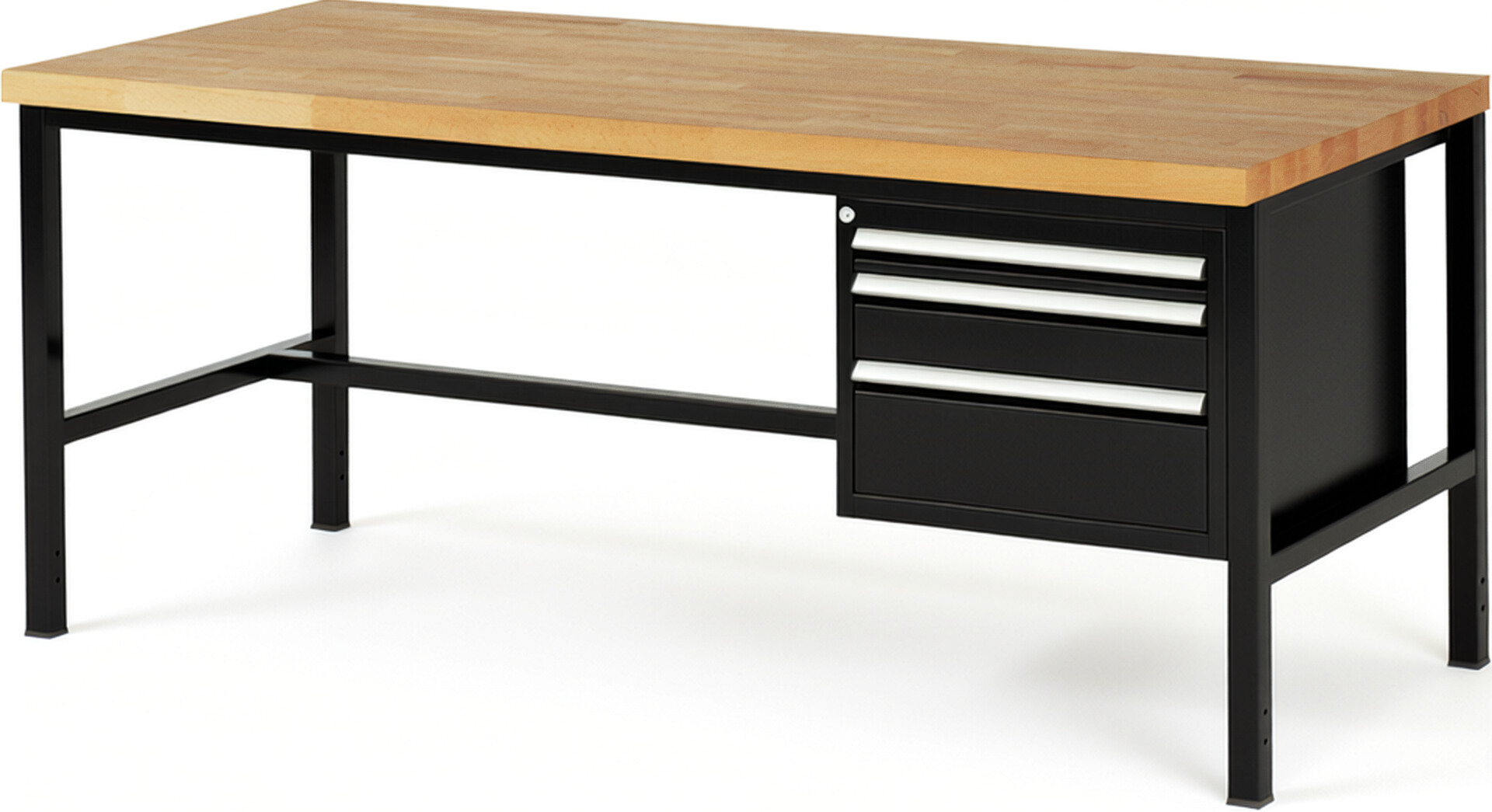 Werkbank Modell 8126 schwarz, BxTxH 2000x900x840-1040 mm,  Buche-Massiv Arbeitsplatte 40 mm,  3 Schubladen mit  Vollauszug 100 % und  SoftClosing
