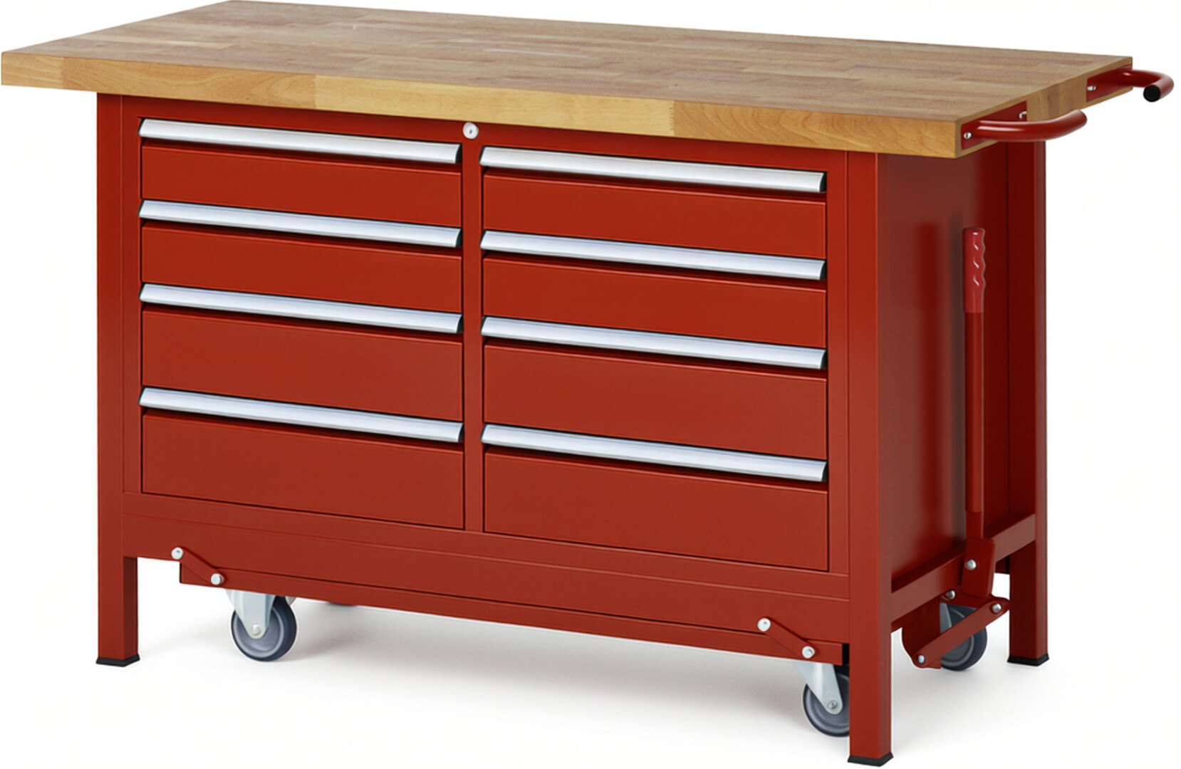 Absenkbare Werkbank Modell 8477 rot, BxTxH 1500x700x880 mm,  Buche-Massiv Arbeitsplatte 40 mm,  8 Schubladen mit  Auszug 90 %