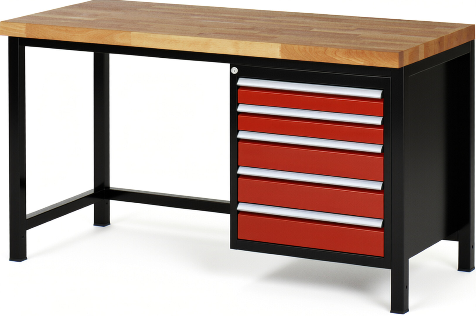 RAU Werkbank schwarz - rot - Breite 150 cm - Tiefe 70 cm - Höhe 104 cm - Buche-Massiv Arbeitsplatte 40 mm