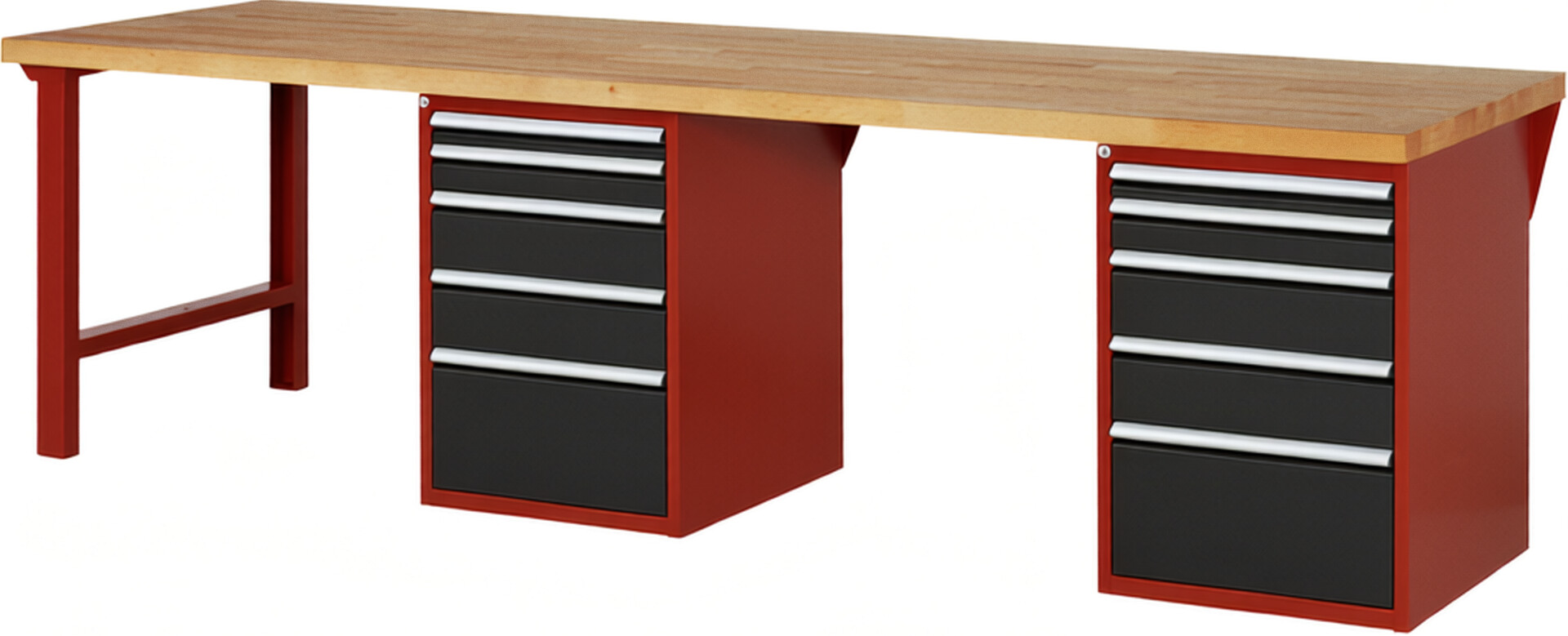 Werkbank Modell 7511 rot - schwarz, BxTxH 3000x900x890 mm,  Buche-Massiv Arbeitsplatte 40 mm,  10 Schubladen mit  Auszug 90 %