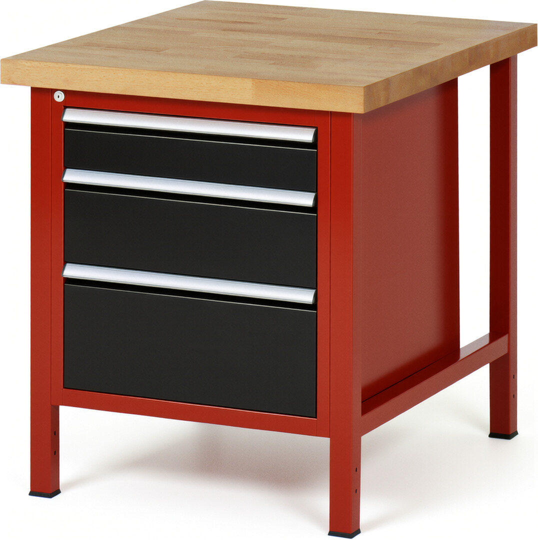 Werkbank Modell 8159 rot - schwarz, BxTxH 750x900x840-1040 mm,  Buche-Massiv Arbeitsplatte 40 mm,  3 Schubladen mit  Auszug 90 %