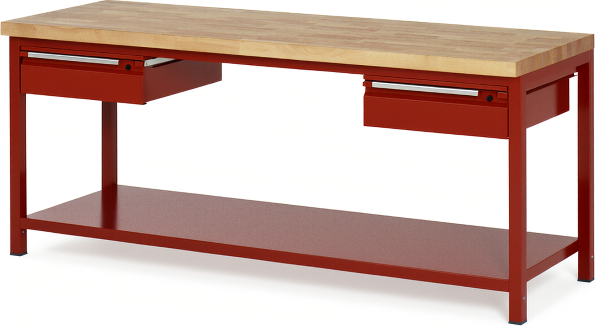 Werkbank - Modell 8002 BASIC rot, BxTxH 2000x700x840-1040 mm,  Buche-Massiv Arbeitsplatte 40 mm,  2 Schubladen mit  Auszug 90 %