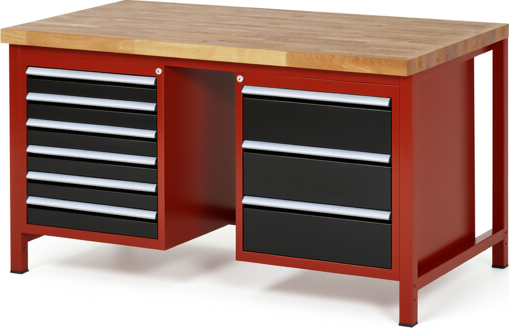 Werkbank Modell 8183 rot - schwarz, BxTxH 1500x900x840-1040 mm,  Buche-Massiv Arbeitsplatte 40 mm,  9 Schubladen mit  Auszug 90 %