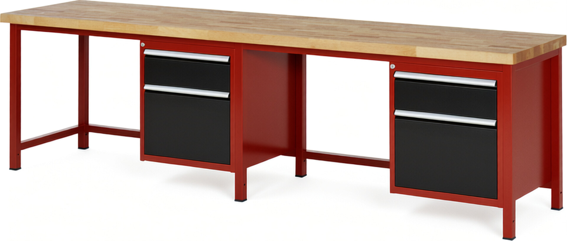 Werkbank Modell 8156 rot - schwarz, BxTxH 3000x700x840 mm,  Buche-Massiv Arbeitsplatte 40 mm,  4 Schubladen mit  Vollauszug 100 % und  SoftClosing