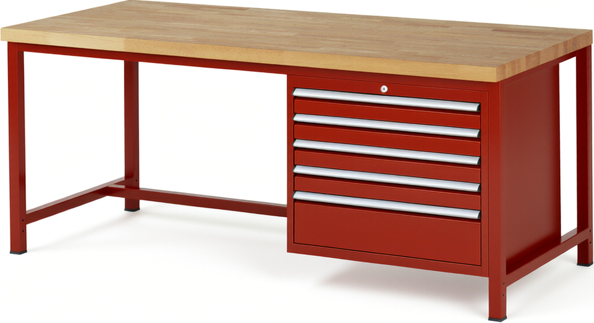 Werkbank Modell 8268 rot, BxTxH 2000x900x840 mm,  Buche-Massiv Arbeitsplatte 40 mm,  5 Schubladen mit  Vollauszug 100 % und  SoftClosing