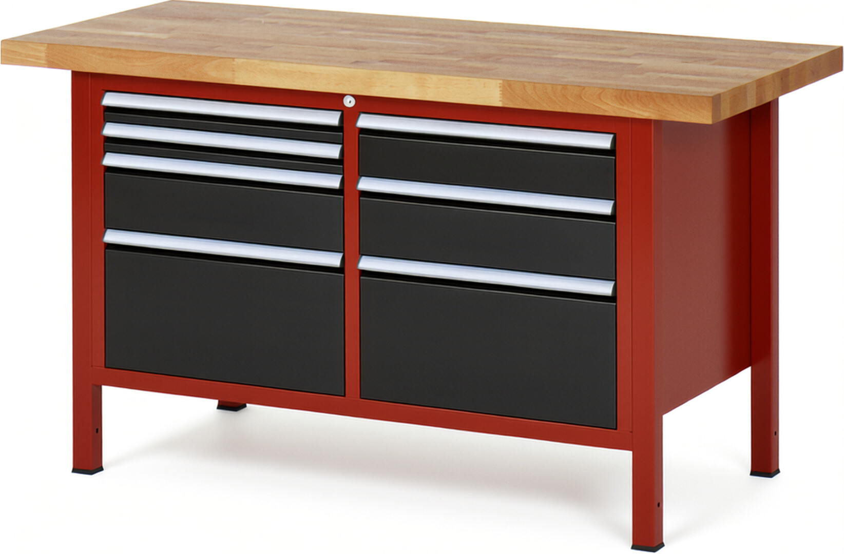 Werkbank Modell 8476 rot - schwarz, BxTxH 1500x700x840 mm,  Buche-Massiv Arbeitsplatte 40 mm,  7 Schubladen mit  Vollauszug 100 % und  SoftClosing