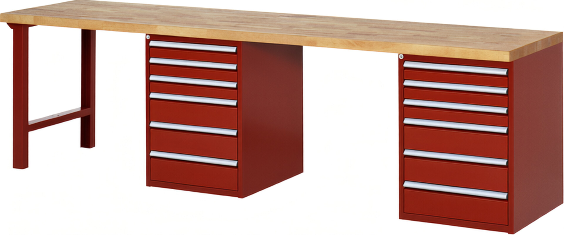 Werkbank Modell 7515 rot, BxTxH 3000x700x890 mm,  Buche-Massiv Arbeitsplatte 40 mm,  12 Schubladen mit  Vollauszug 100 % und  SoftClosing