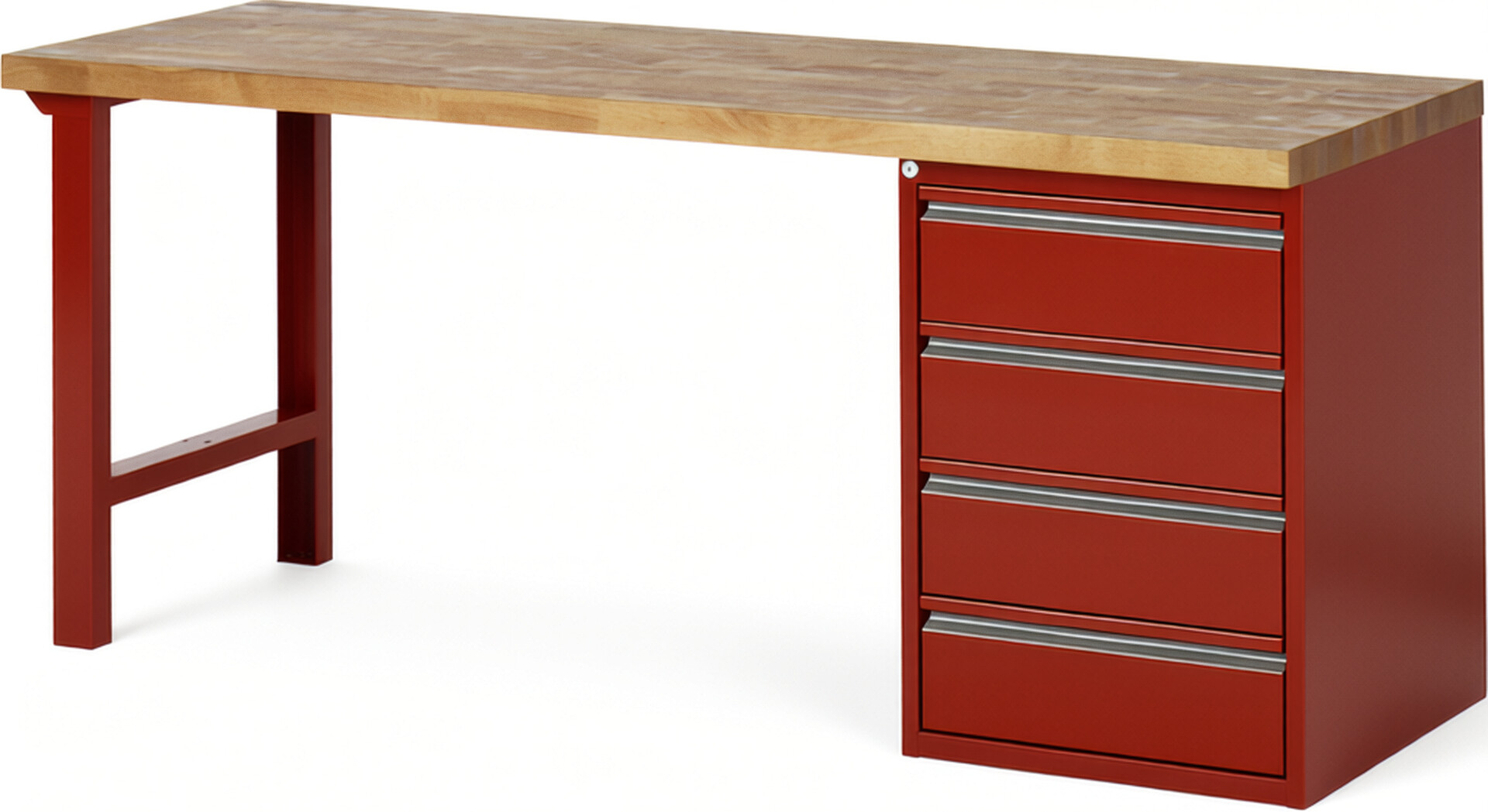 Werkbank, 1 Unterbau-Container mit 4 Schubladen 180 mm, Buche-Platte 40 mm rot, BxTxH 2000x700x840 mm, RAL 3000/3000