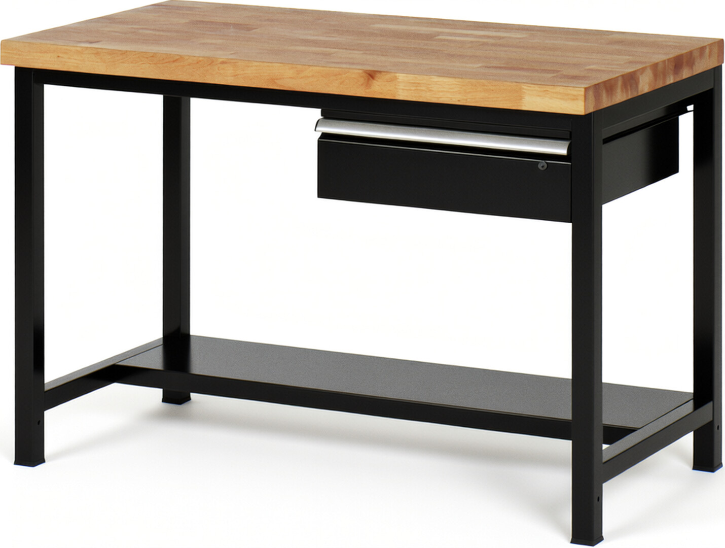 Werkbank Modell 8001 schwarz, BxTxH 1250x700x840 mm,  Buche-Massiv Arbeitsplatte 40 mm,  1 Schublade mit  Auszug 90 %
