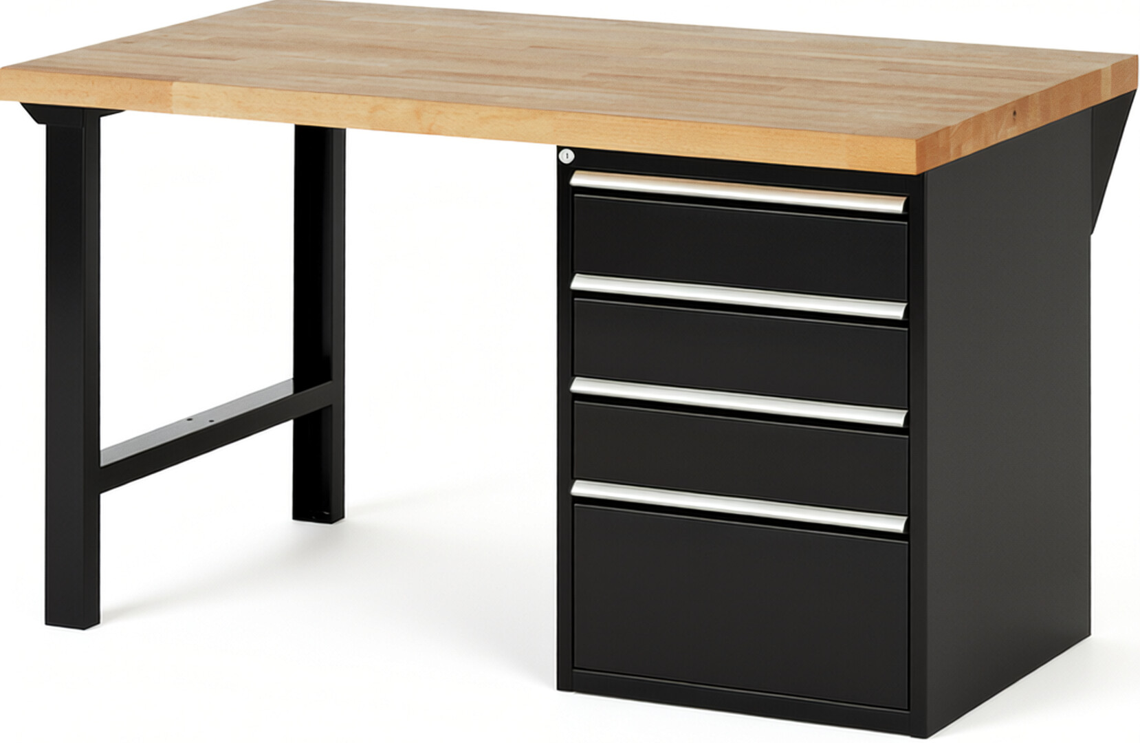 Werkbank Modell 7510 schwarz, BxTxH 1500x900x890 mm,  Buche-Massiv Arbeitsplatte 40 mm,  4 Schubladen mit  Auszug 90 %