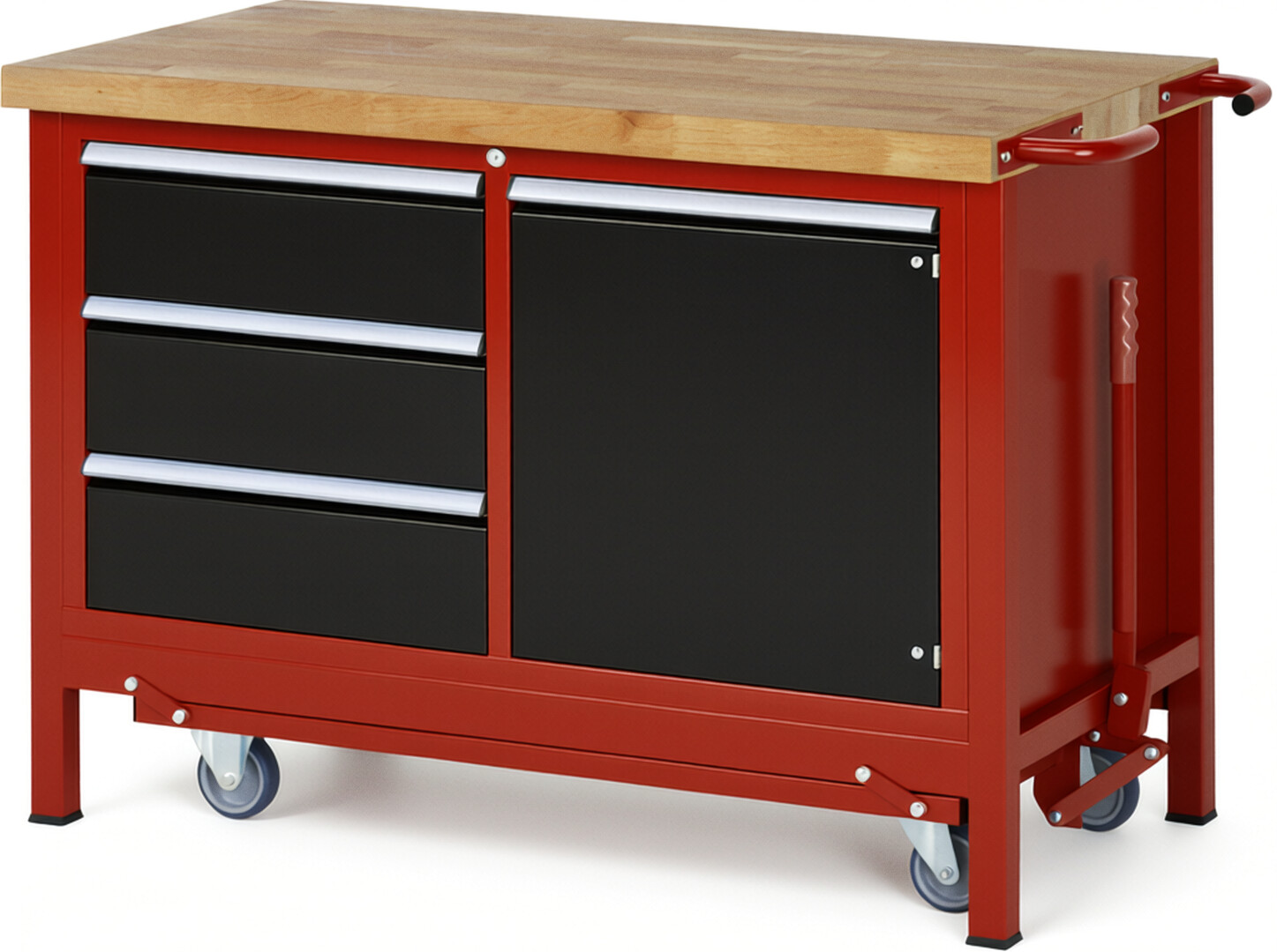 Absenkbare Werkbank Modell 8468 rot - schwarz, BxTxH 1250x700x880 mm,  Buche-Massiv Arbeitsplatte 40 mm,  3 Schubladen mit  Vollauszug 100 % und  SoftClosing